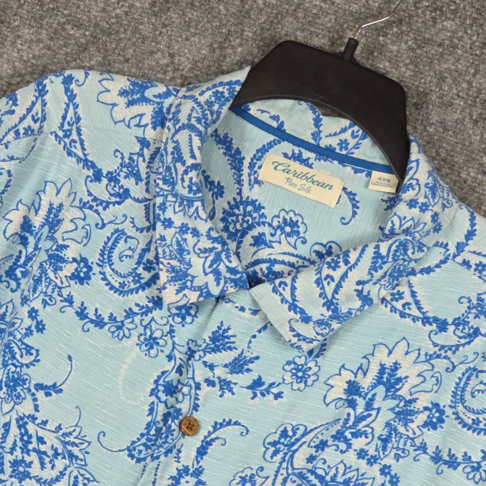 Caribbean Mens 4XB Shirt Blue Paisley Silk Short Sleeve Button Down Floral